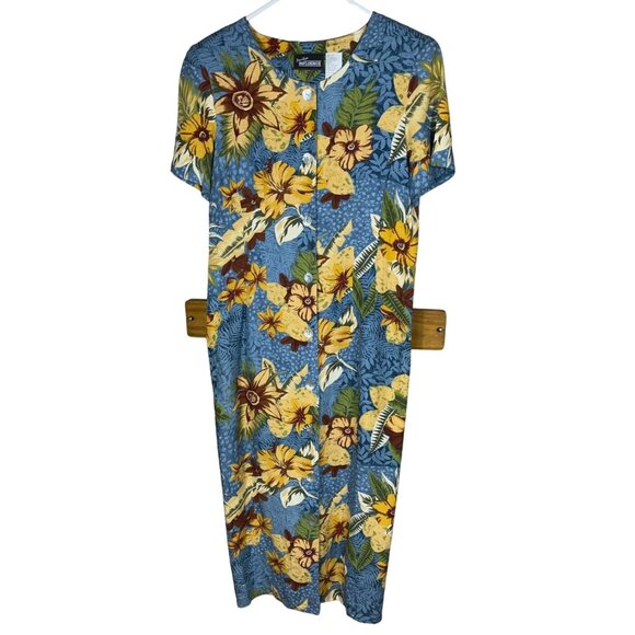 Positive Influence Dress Linen Blue Floral Sheath Pencil Button Midi Vtg Women 6 - Picture 3 of 10